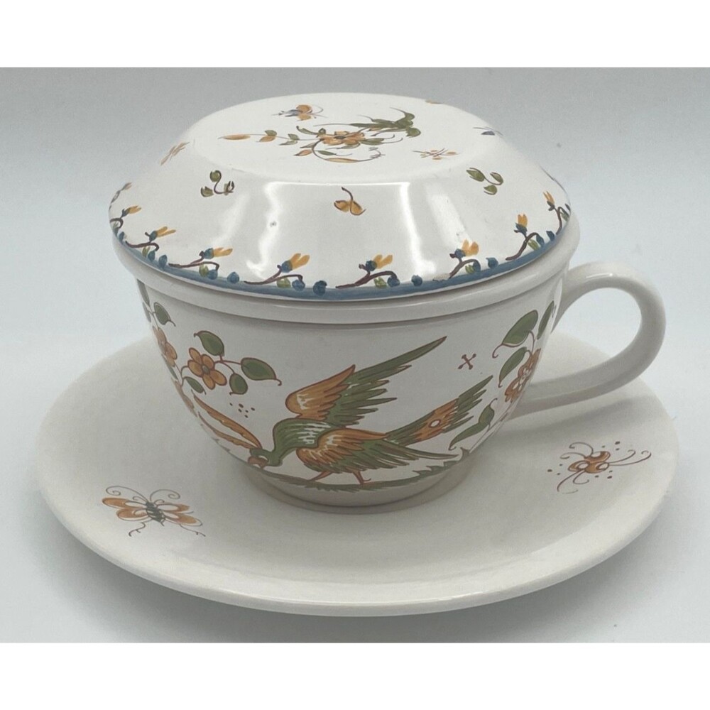 Vintage Moustiers G.F. Lidded Tea Cup With Infuser/Strainer Bird Floral RARE